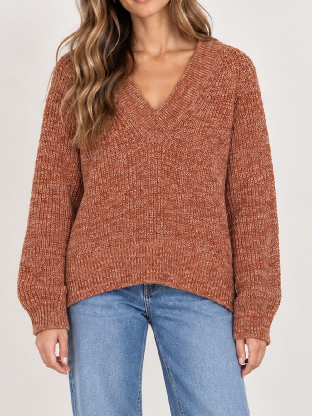 A New Day Chunky Knit V-neck Sweater Oversized Rust Orange Marled Cotton Small